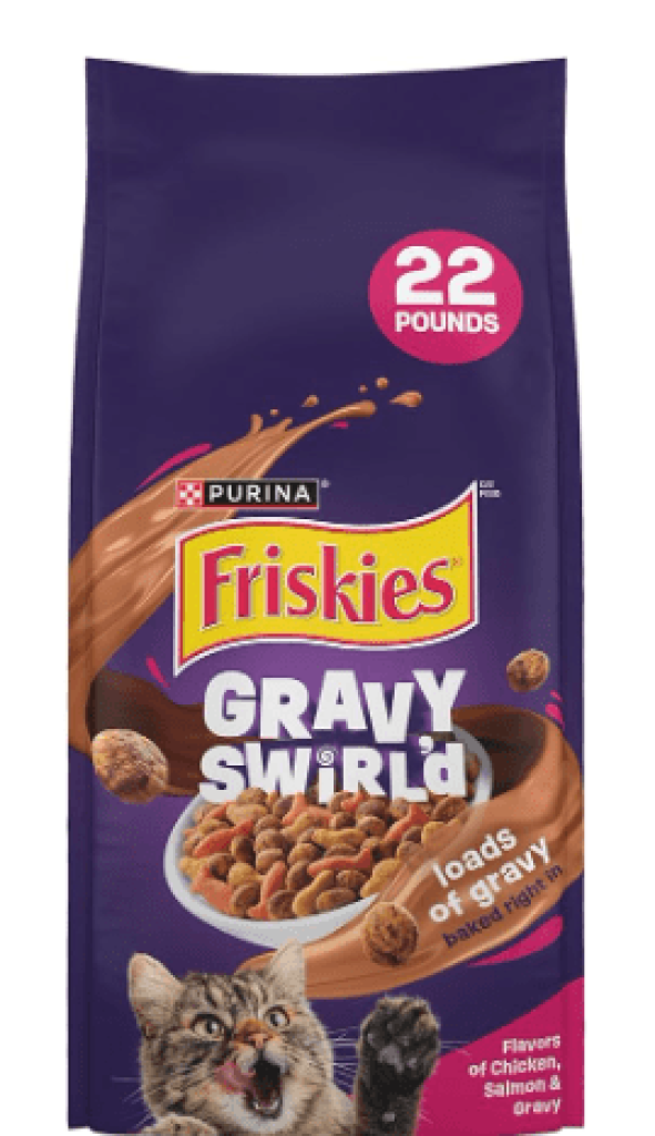 Purina Friskies Dry Cat Food Gravy Swirl'd With Flavors of Chicken, Salmon and Gravy